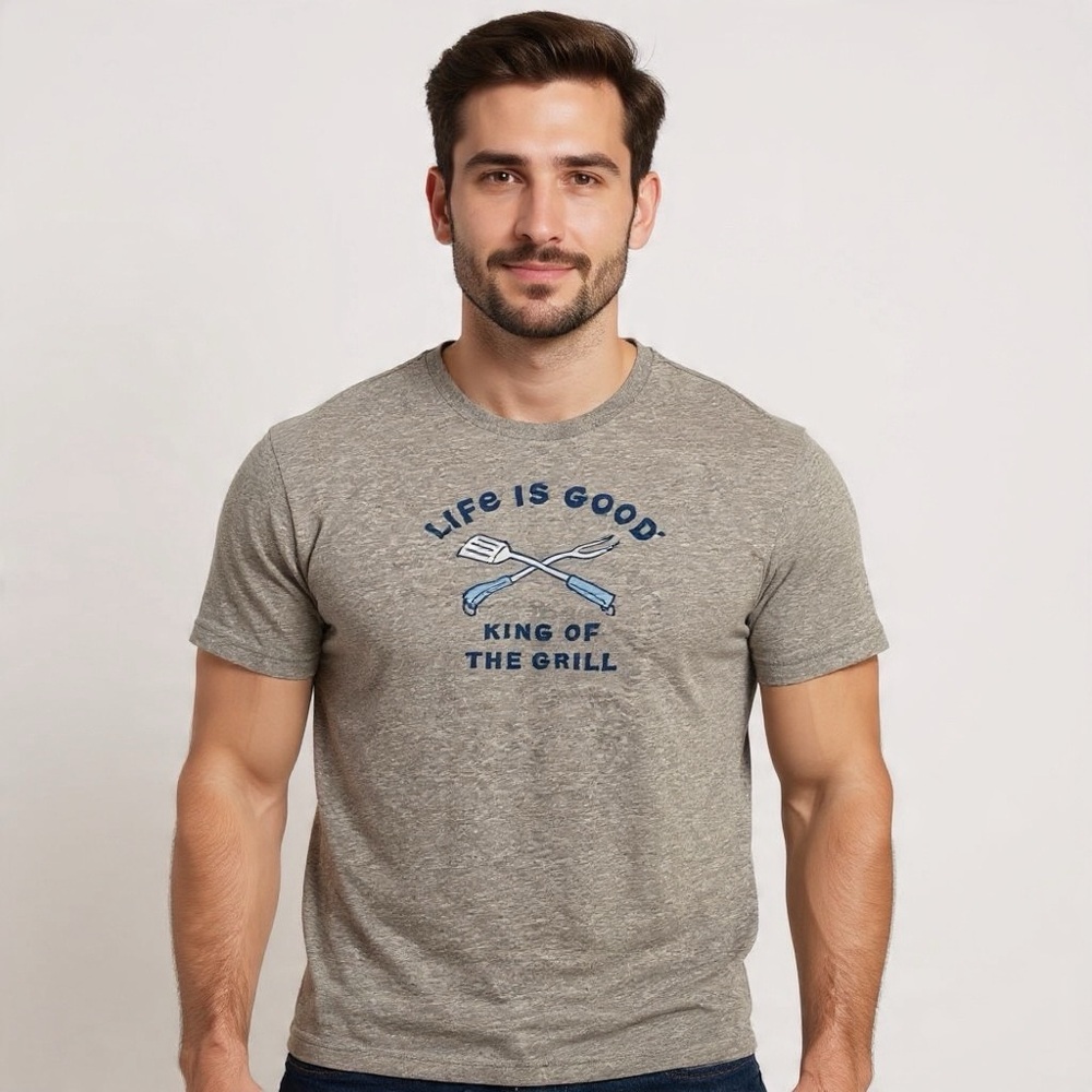 Life Is Good King of the Grill BBQ Graphic Tee Gray Dad Shirt XL
